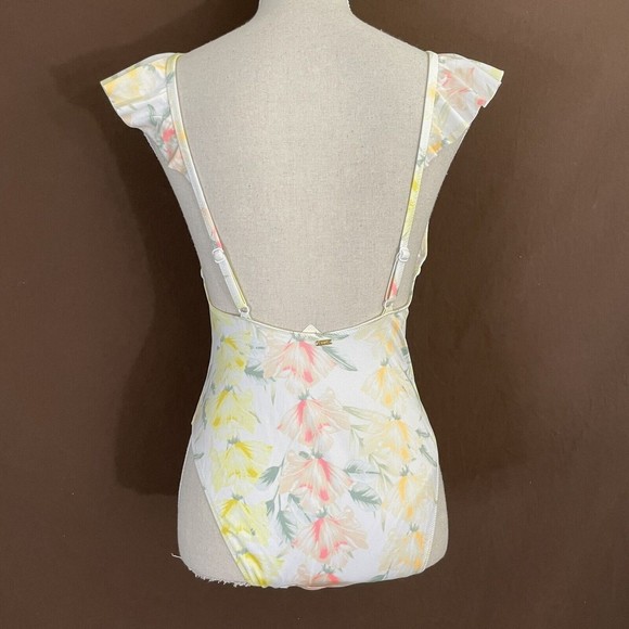 PINK Victorias Secret Yellow Floral Ruffle Deep V One Piece Swim Suit MEDIUM NEW - Picture 3 of 6